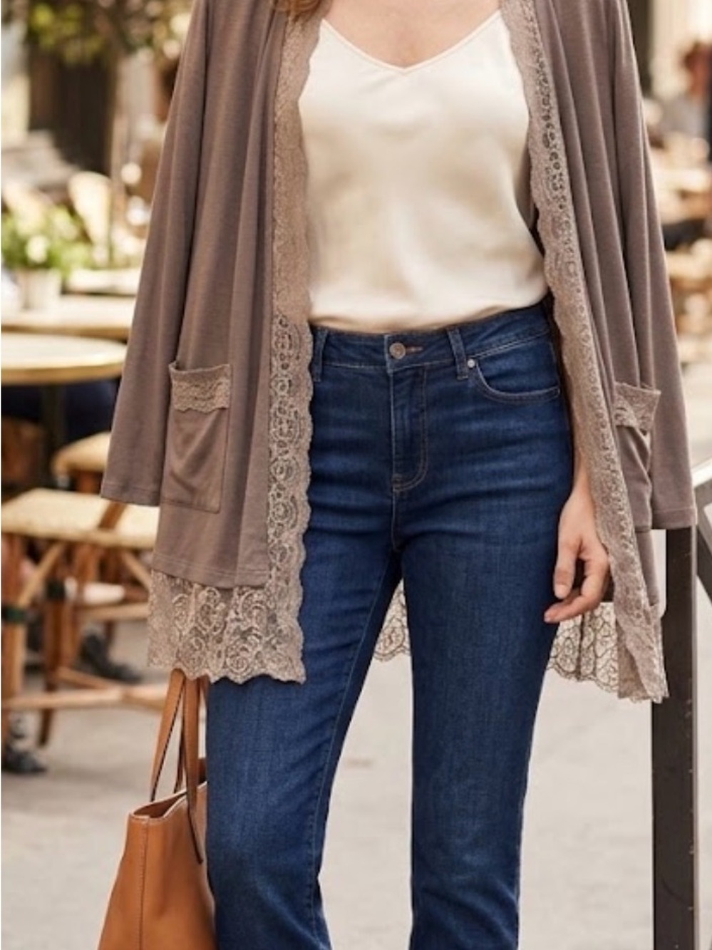 Logo Lori Goldstein Lace-Trim Open Front Cardigan - Taupe